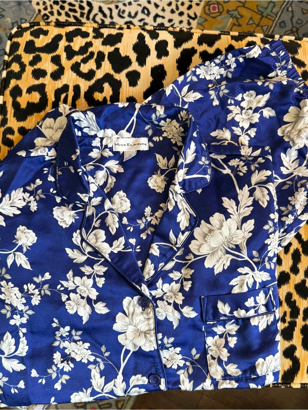 Miss Elaine Royal Blue and White Floral Satin Pajama Set